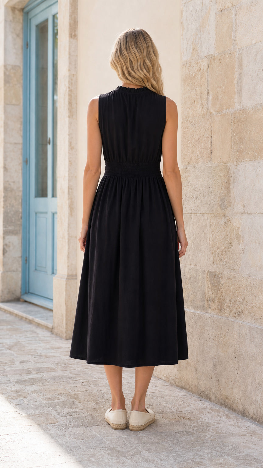 Women's Sleeveless Ruffle Neck Smocked Waist Midi Dress