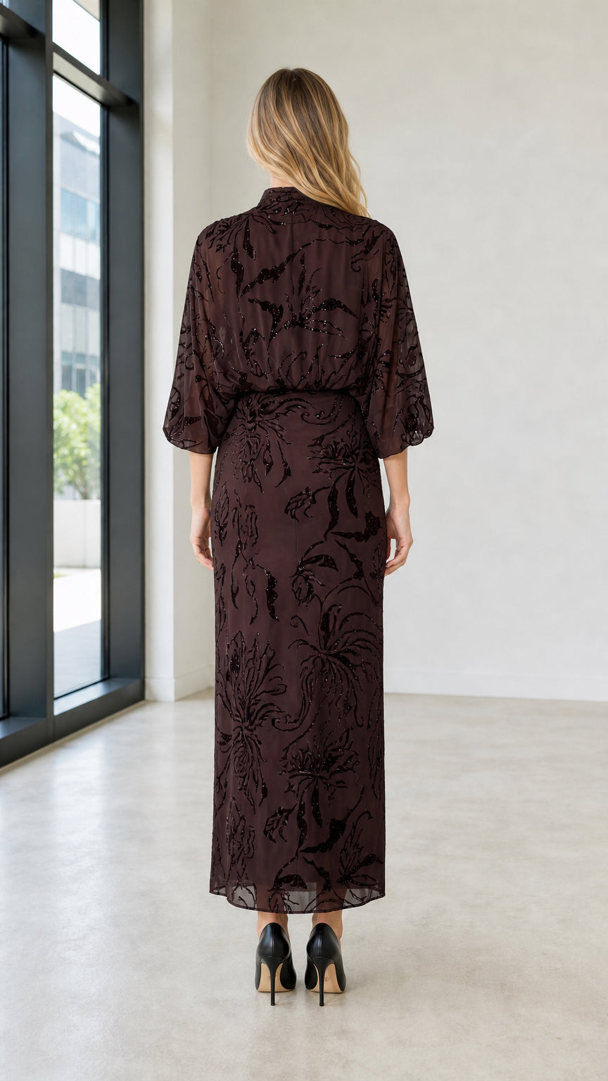 Elegant Mock Neck Sequin Floral Maxi Dress