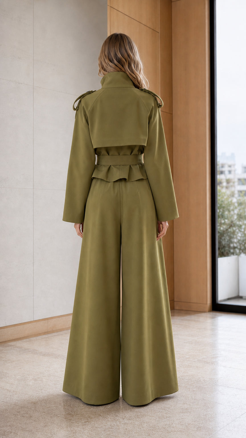 Women's Double-Breasted Trench Jacket and High-Waist Wide-Leg Pants Set