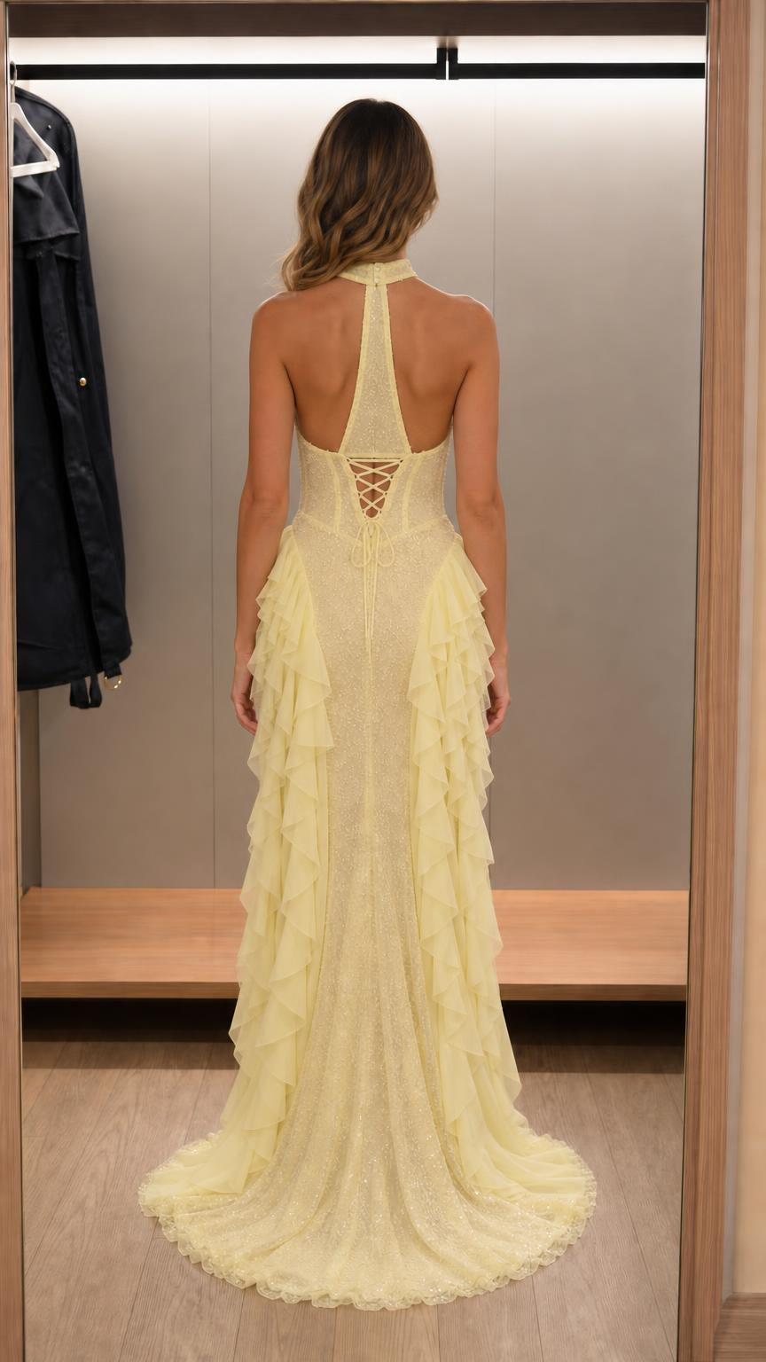 Elegance Halter Neck Beaded Ruffle Maxi Dress
