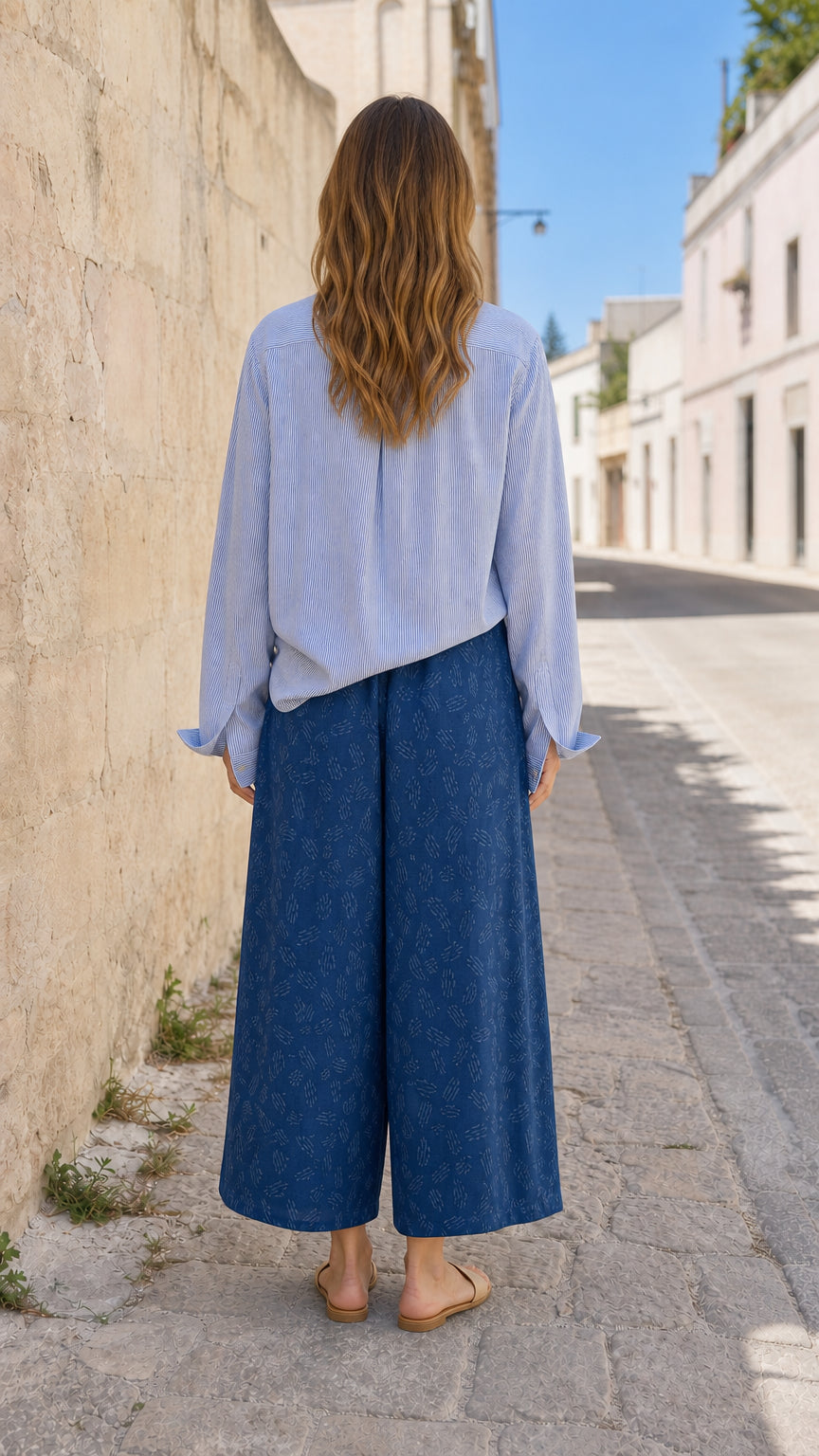 Women's Casual Two-Piece Long Sleeve Blouse and Printed Wide-Leg Pants Set