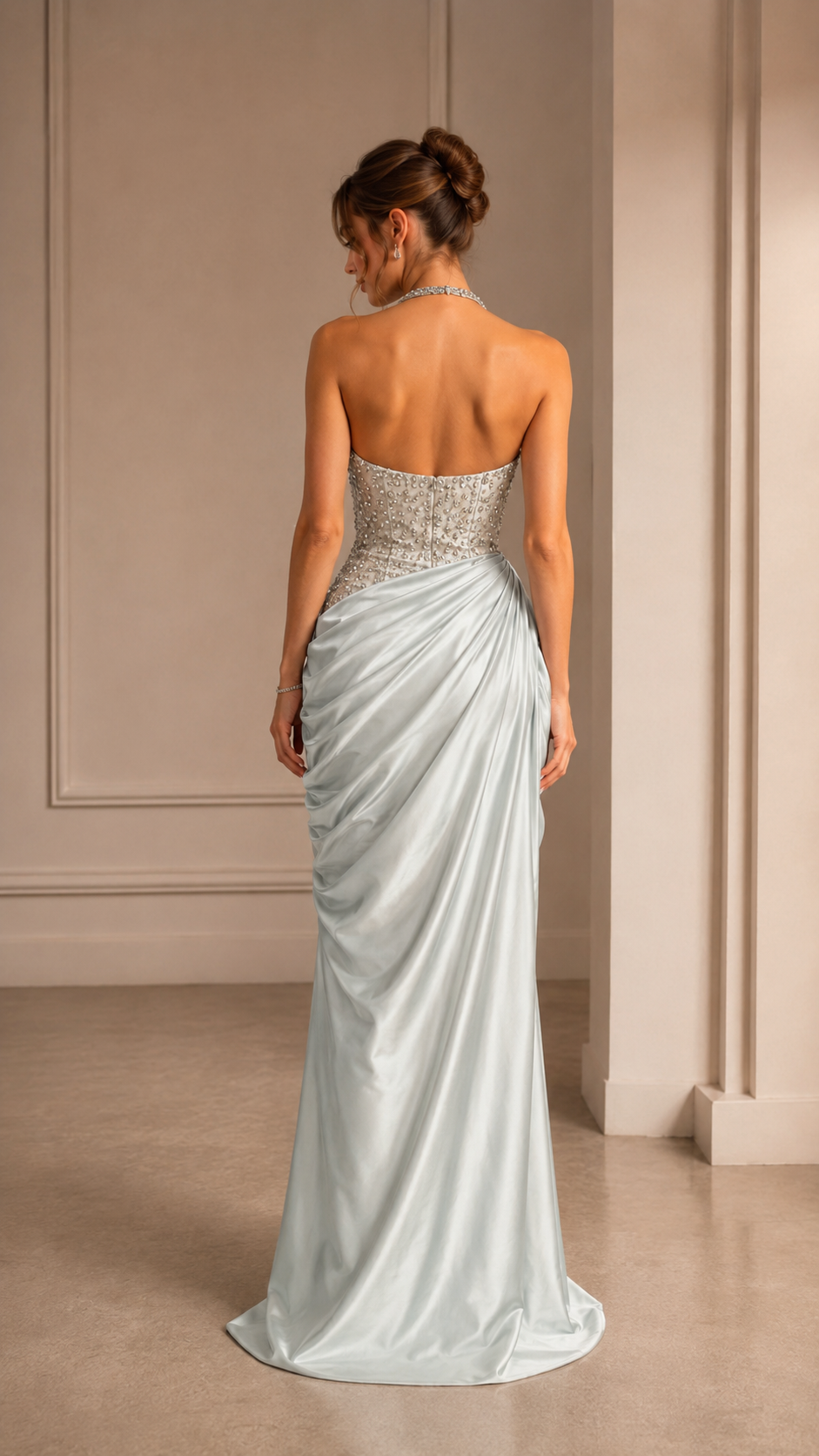 Beaded Halter Satin Drape Slit Evening Gown