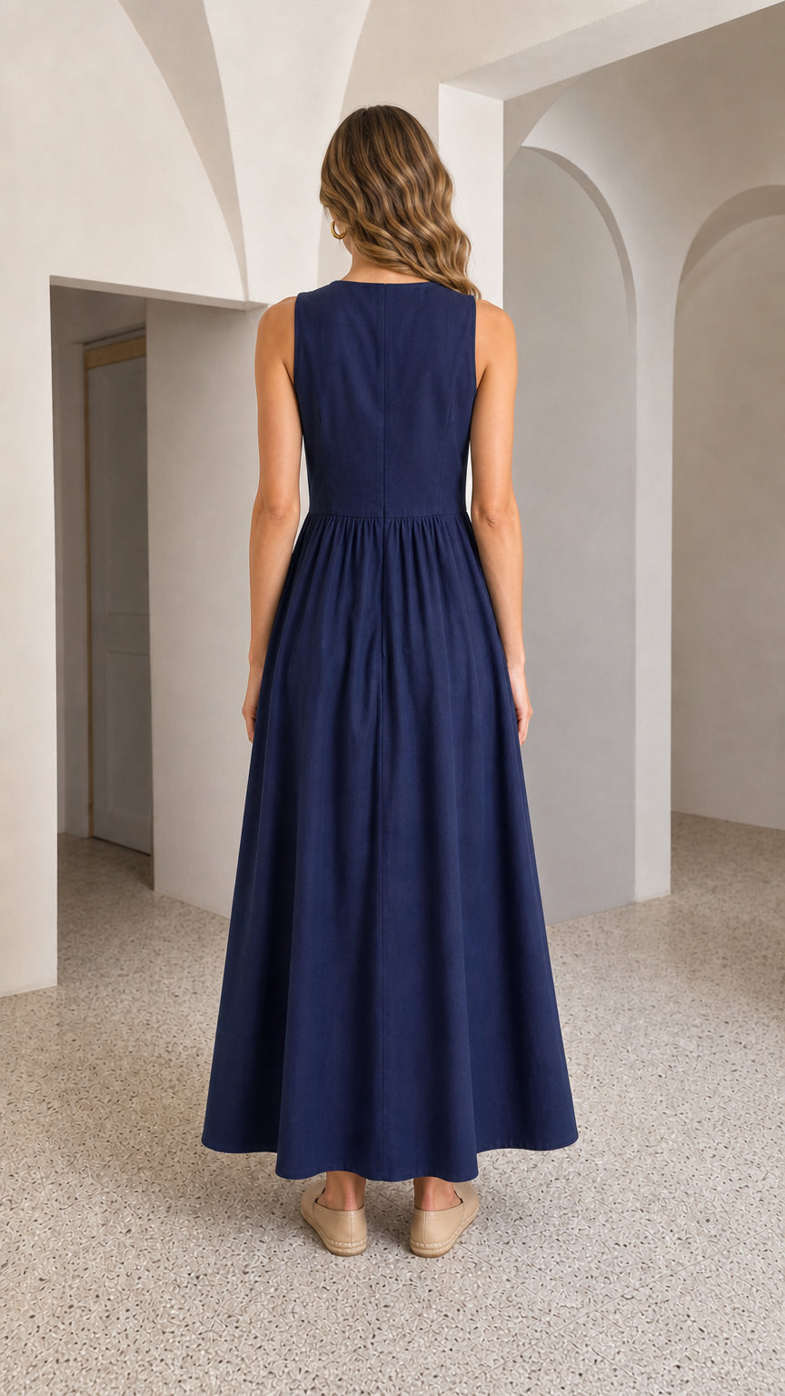 Women's V-Neck Sleeveless Pleated Maxi Dress