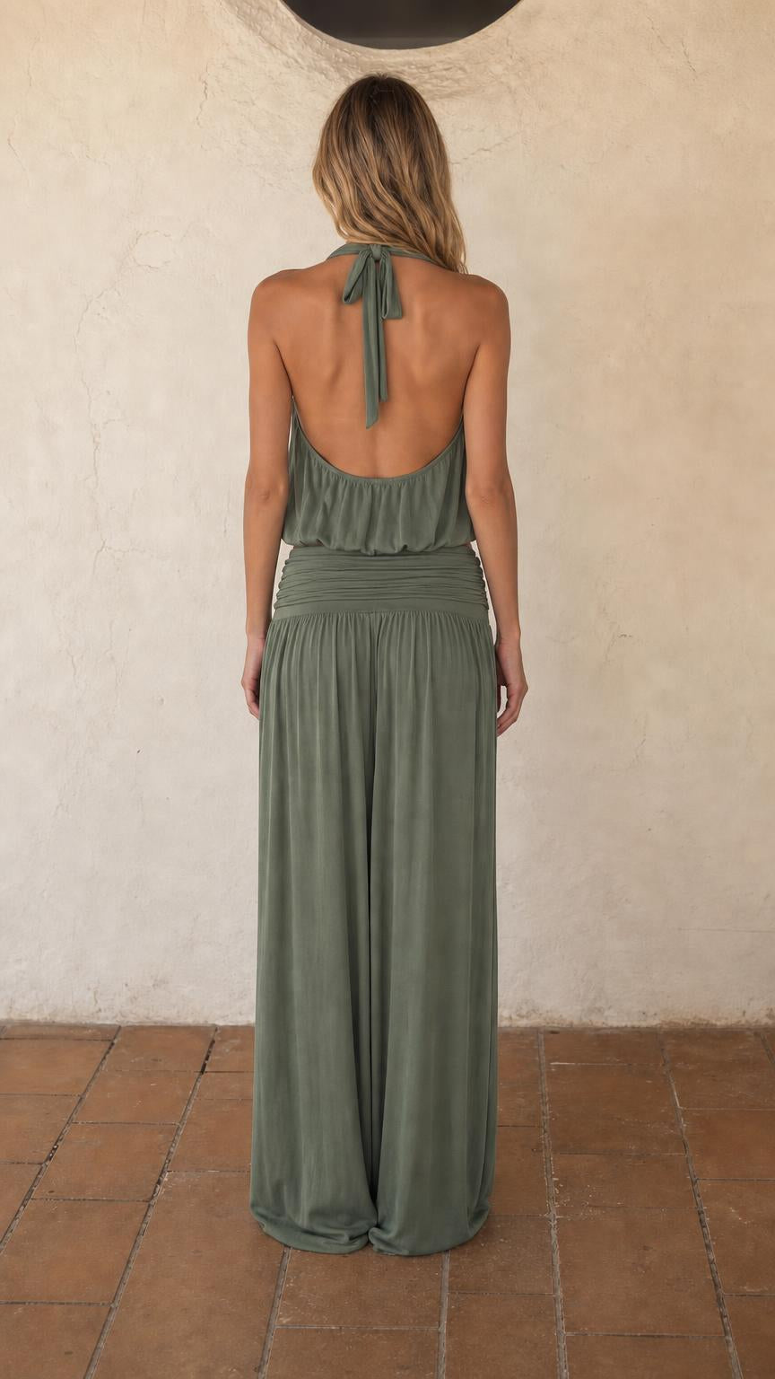Women's Halter Crop Top and Wide Leg Pants Two-Piece Set
