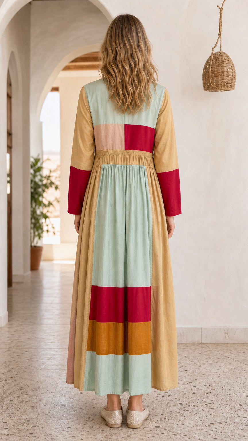 Bohemian Colorblock Long Sleeve Maxi Dress
