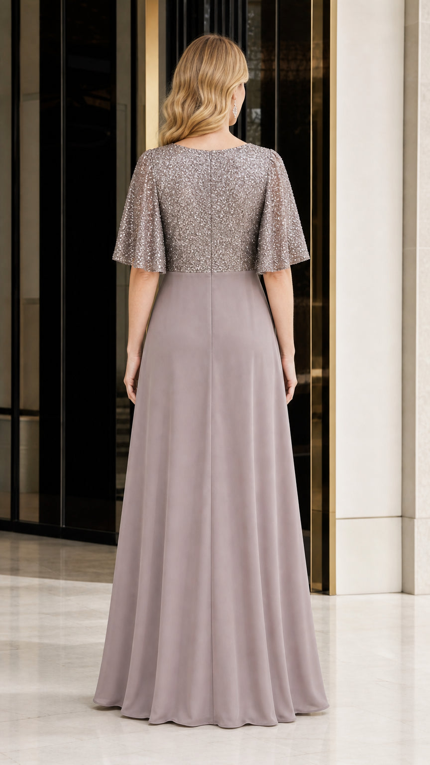 Elegant Sequin V-Neck Flare Sleeve Formal Evening Gown