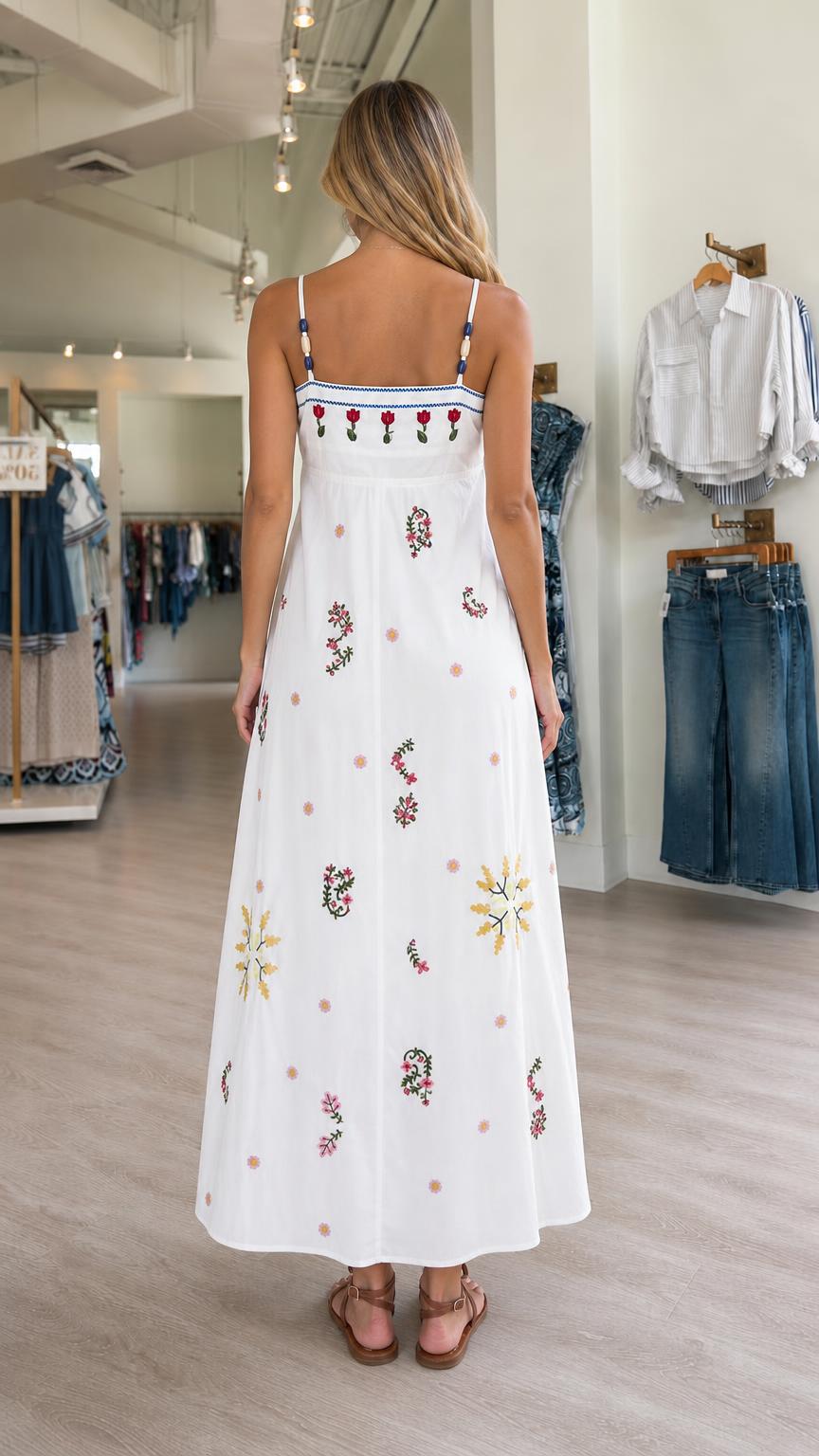 Women's Floral Embroidered Patchwork Spaghetti Strap Maxi Dress