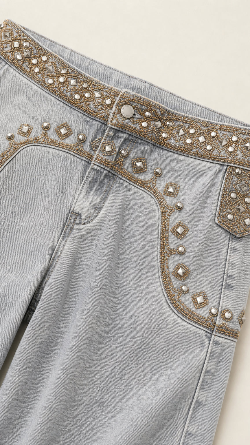 Embellished Low Waist Wide Leg Denim Jeans