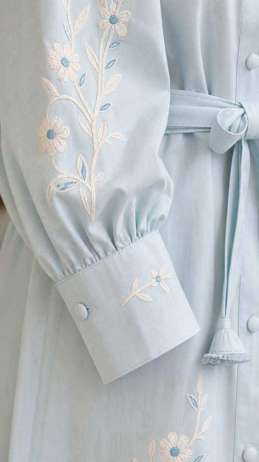 Elegant Floral Embroidered Maxi Shirt Dress with Self-Tie Belt