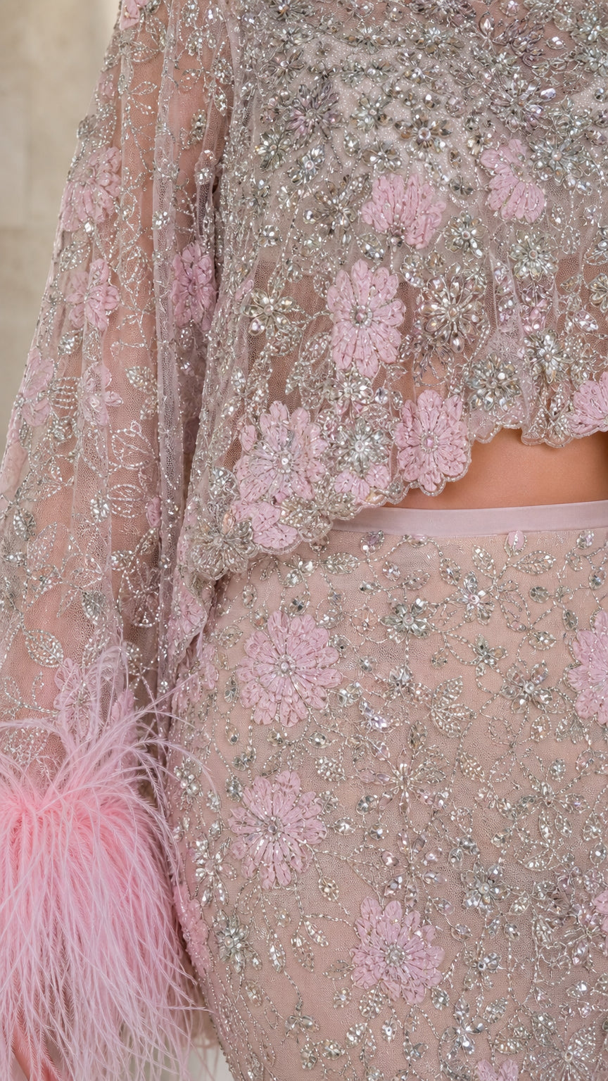 Embellished Two-Piece Feather Trim Crop Top and Maxi Skirt Set