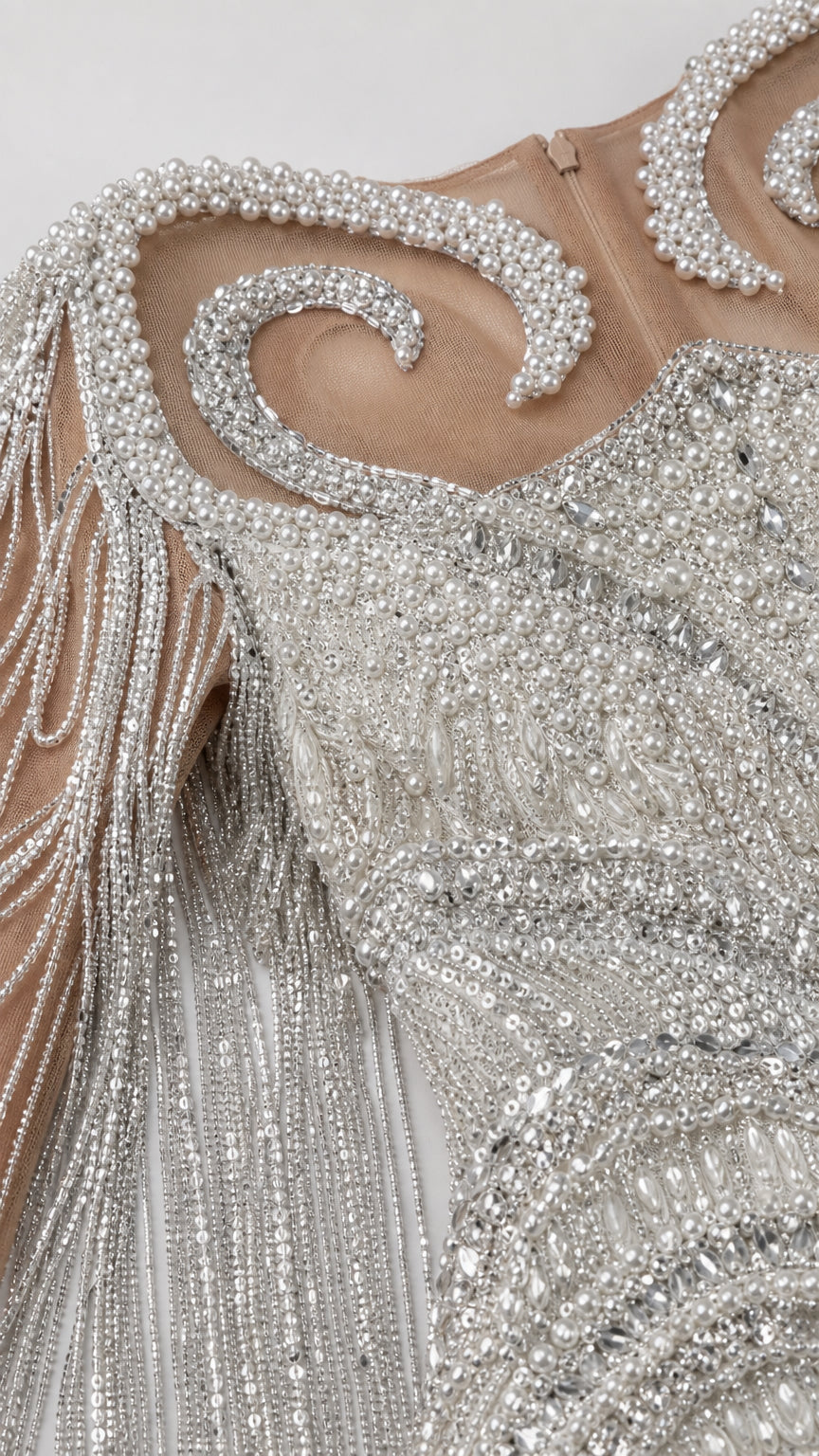 Luminous Beaded Fringe Cape Evening Gown