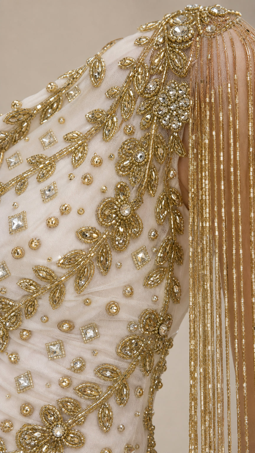 One-Shoulder Beaded Fringe Evening Gown