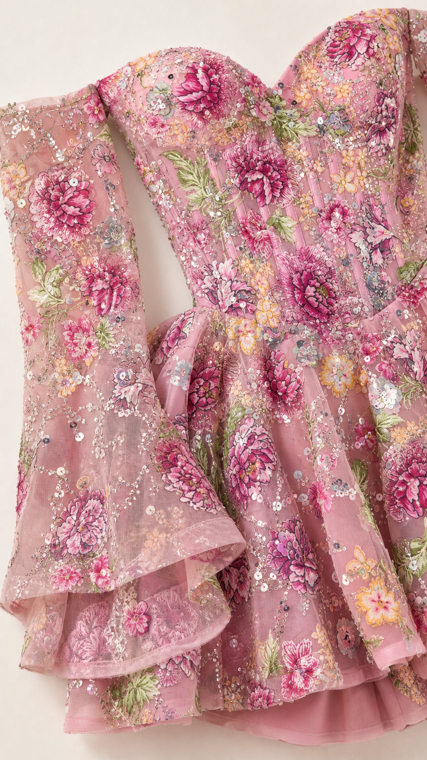 Off-The-Shoulder Floral Embroidered Mini Dress with Bell Sleeves