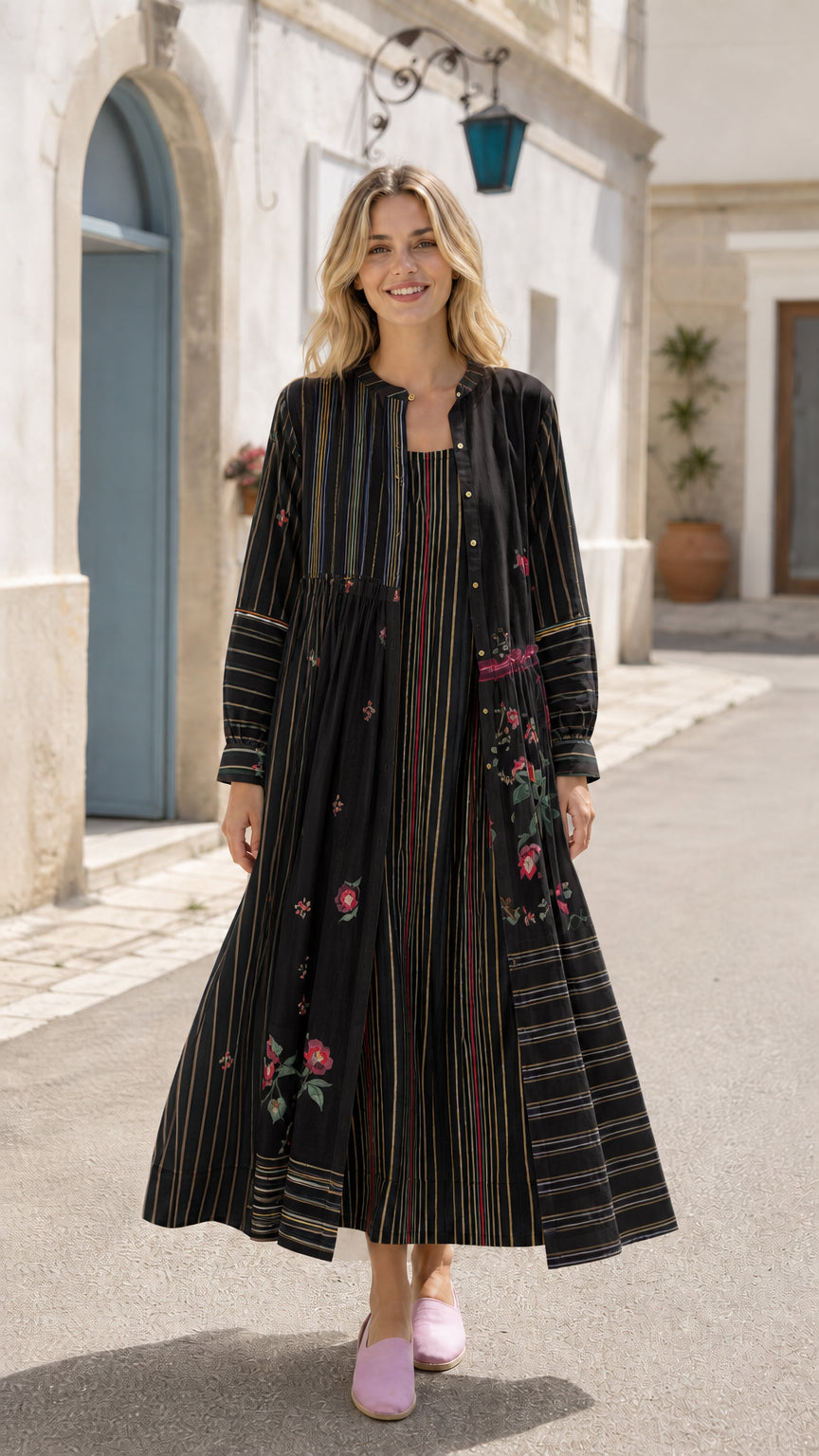 Women's Patchwork Stripe & Floral Long Sleeve Maxi Cardigan Dress Set