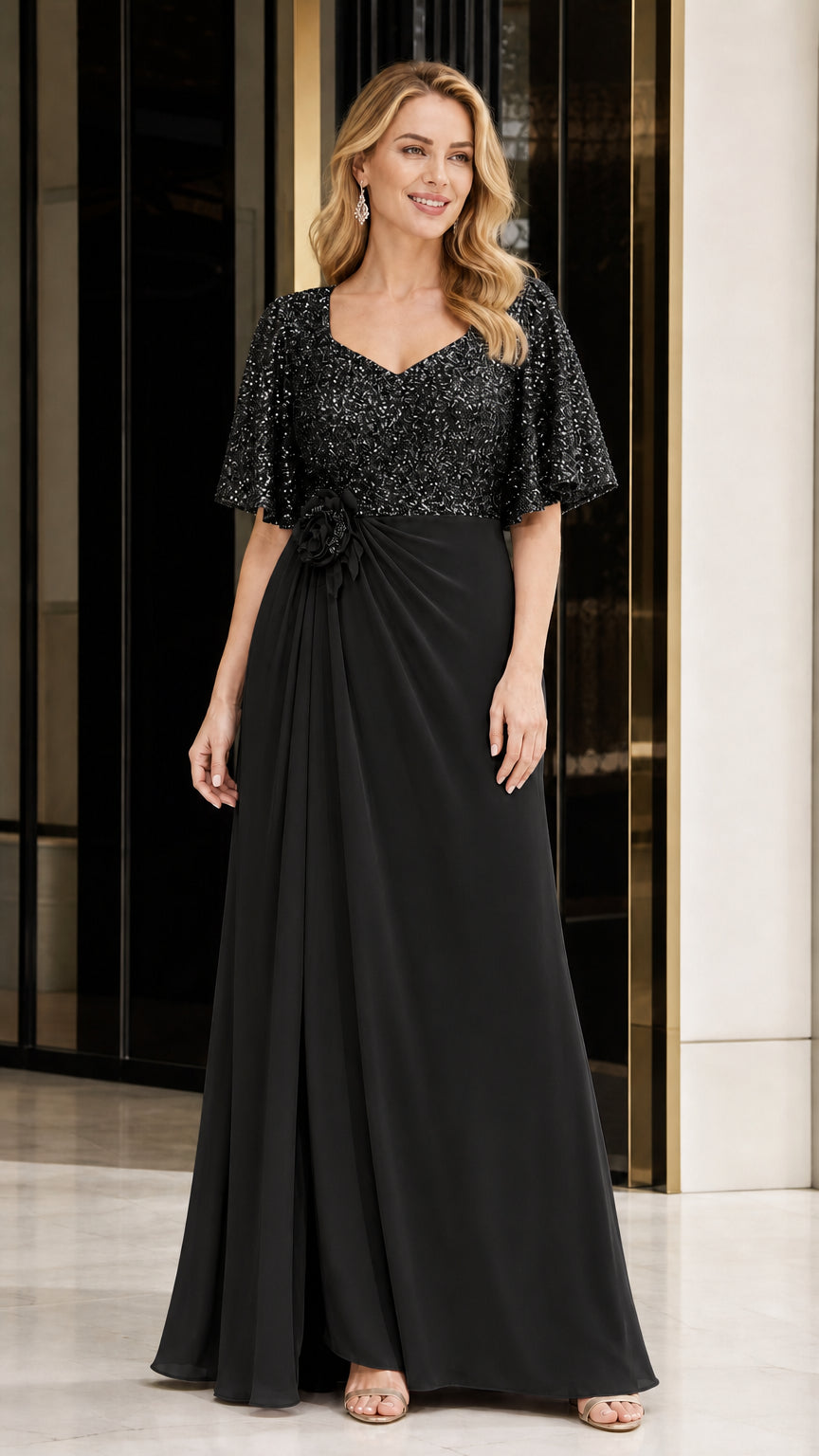 Elegant Sequin V-Neck Flare Sleeve Formal Evening Gown