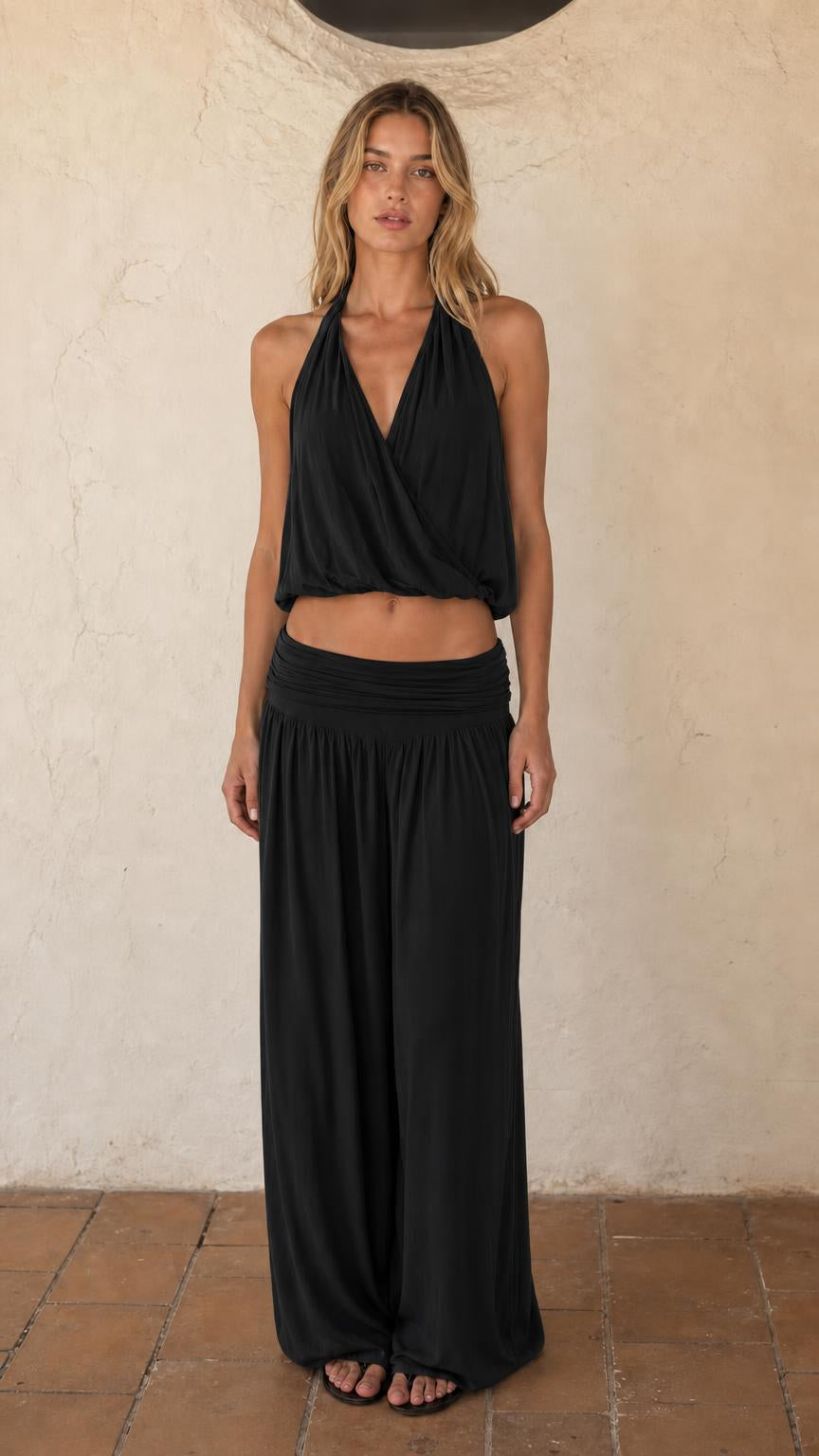 Women's Halter Crop Top and Wide Leg Pants Two-Piece Set