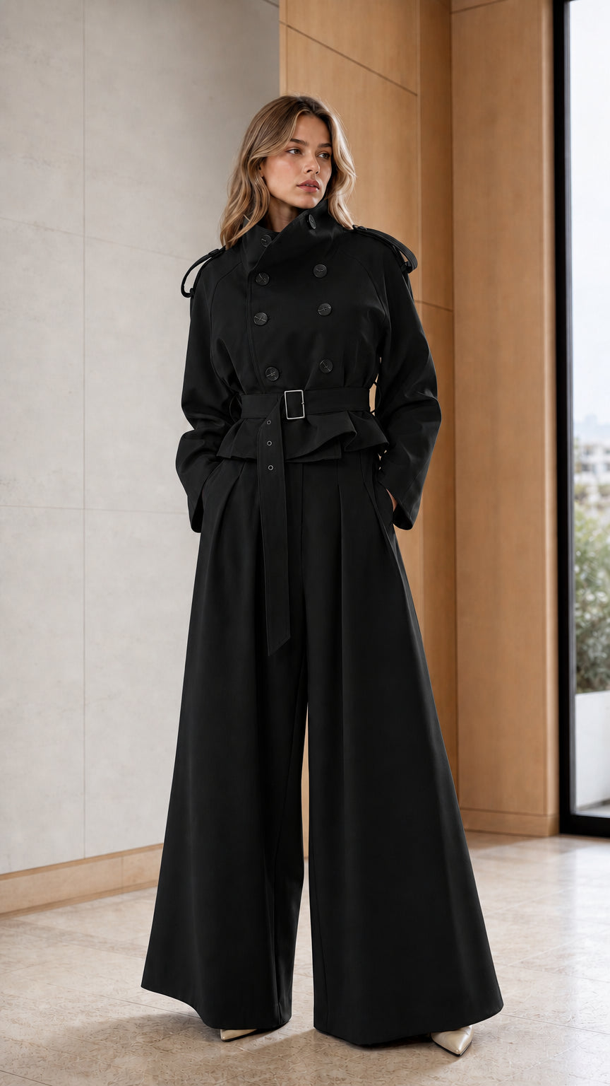 Women's Double-Breasted Trench Jacket and High-Waist Wide-Leg Pants Set