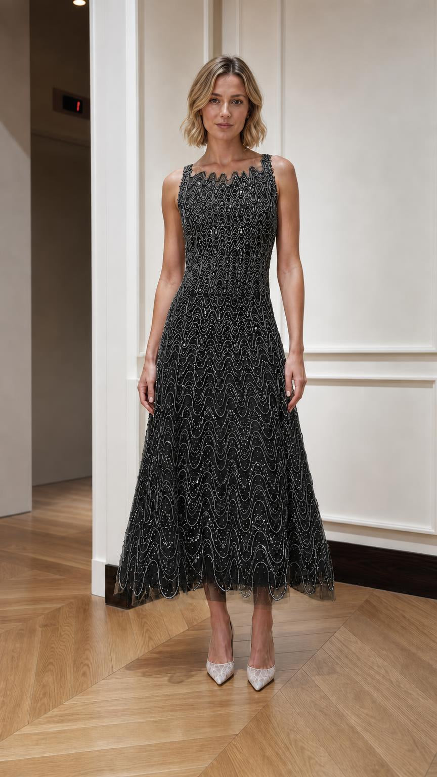 Sequin Beaded Sleeveless A-Line Midi Dress