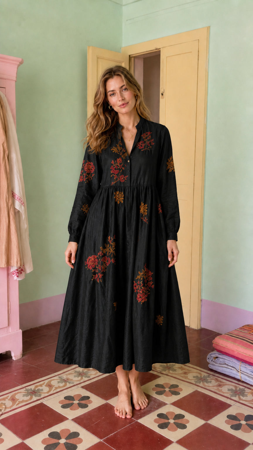 Women's Long-Sleeve Embroidered Midi Dress with Button Front