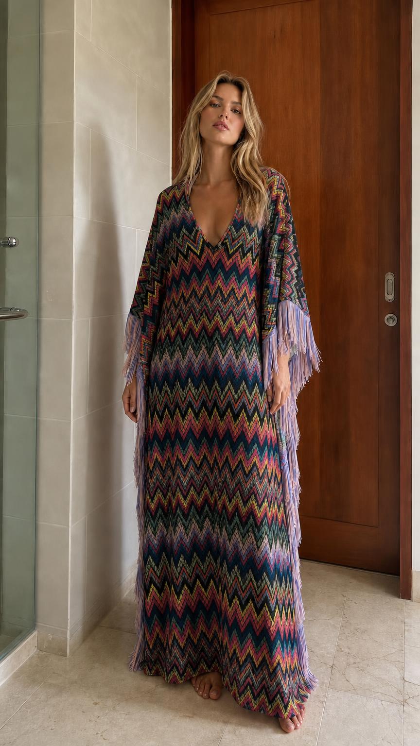 Bohemian Chevron Fringe Maxi Kaftan Dress