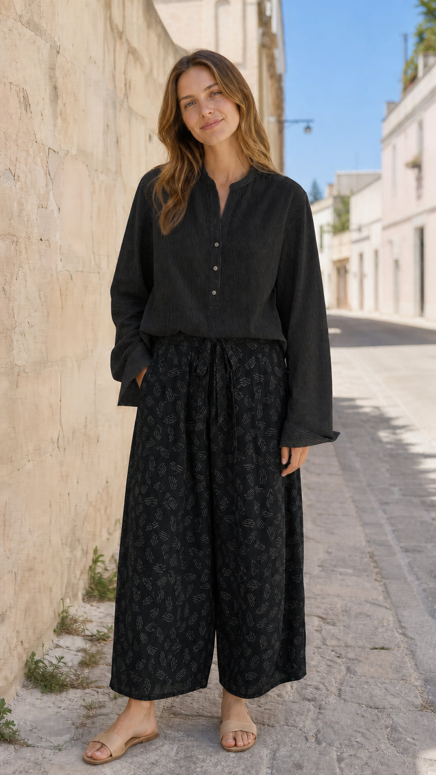Women's Casual Two-Piece Long Sleeve Blouse and Printed Wide-Leg Pants Set