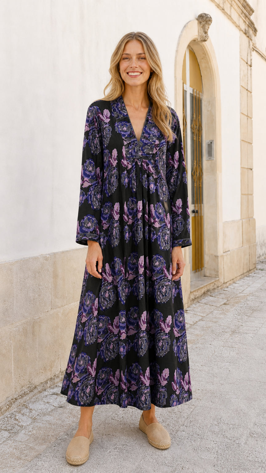 Women's Floral Print V-Neck Long Sleeve Maxi Dress