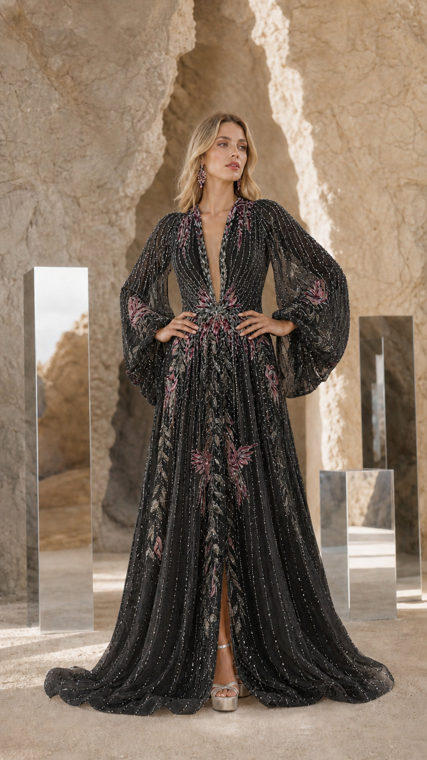 Elegance Embroidered Beaded Long Sleeve Evening Gown