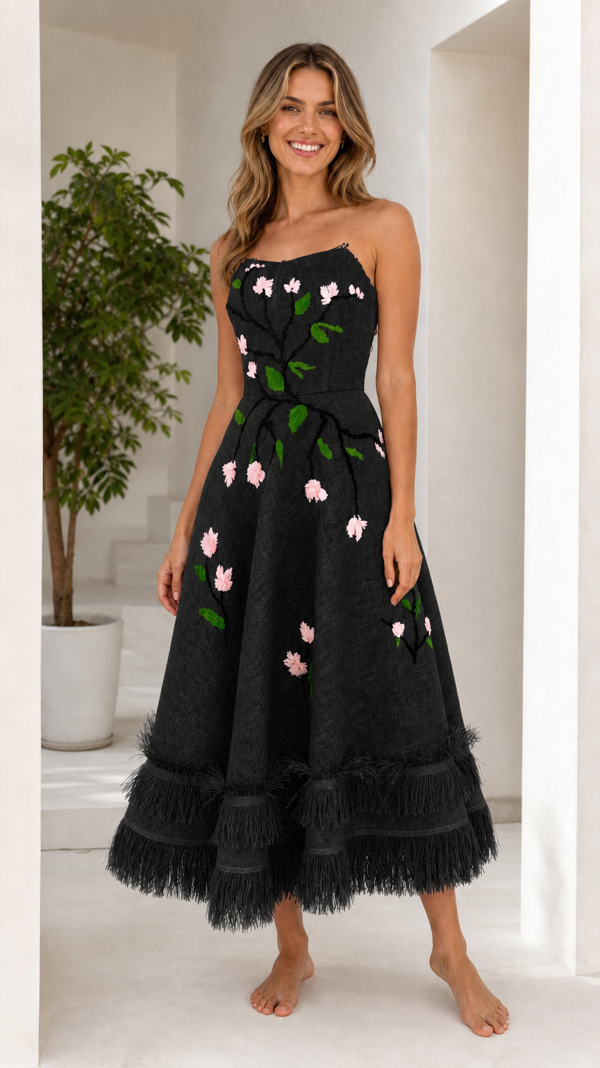Stunning Embroidered Floral Strapless Midi Dress