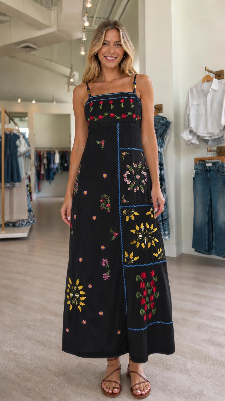 Women's Floral Embroidered Patchwork Spaghetti Strap Maxi Dress