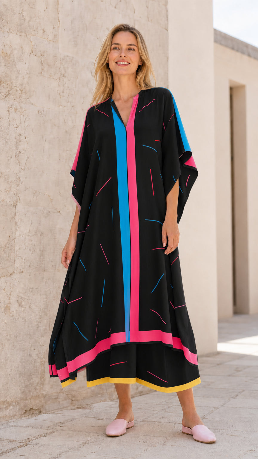 Women's Geometric Print V-Neck Relaxed Fit Kaftan Maxi Dress