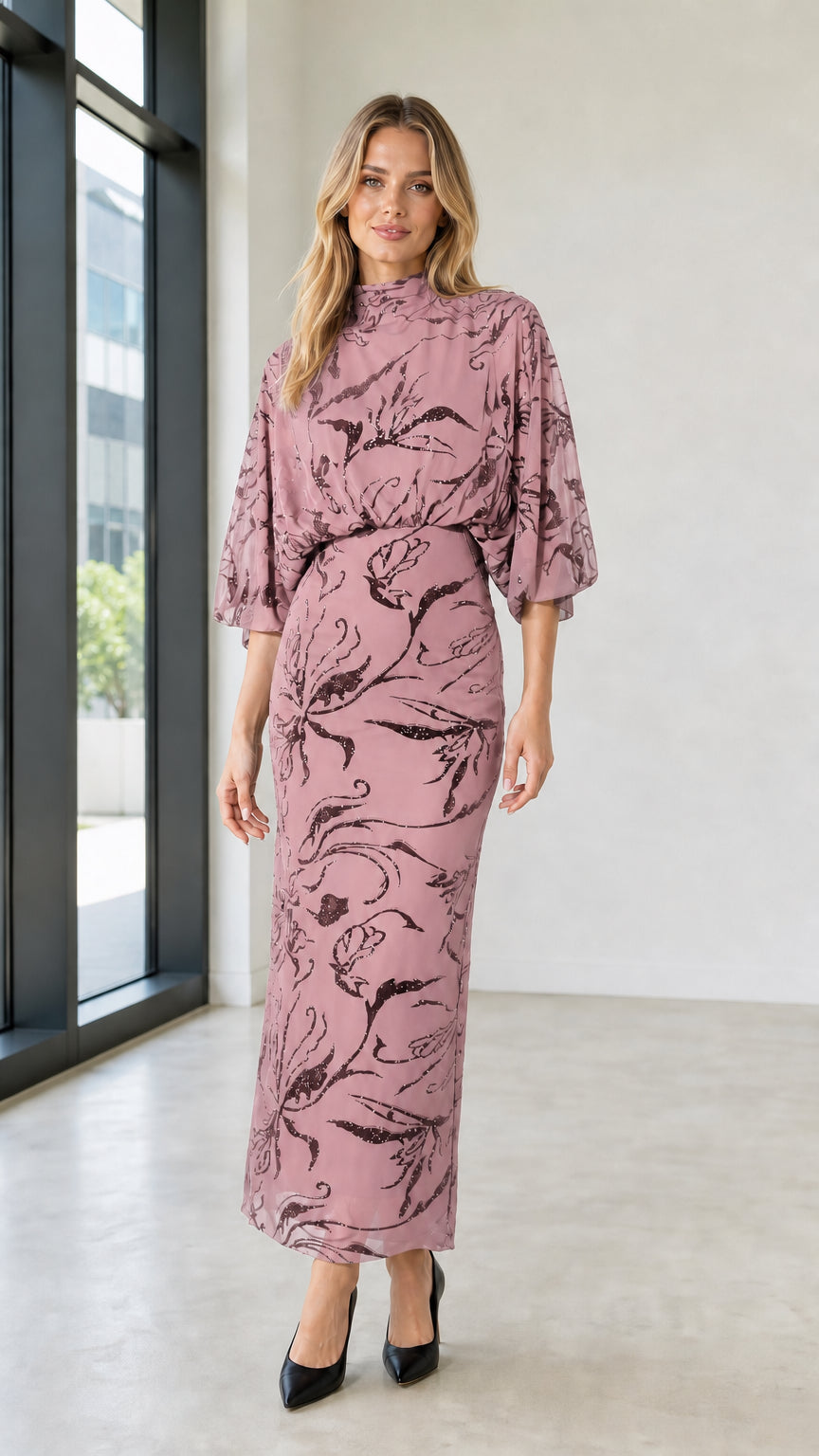 Elegant Mock Neck Sequin Floral Maxi Dress