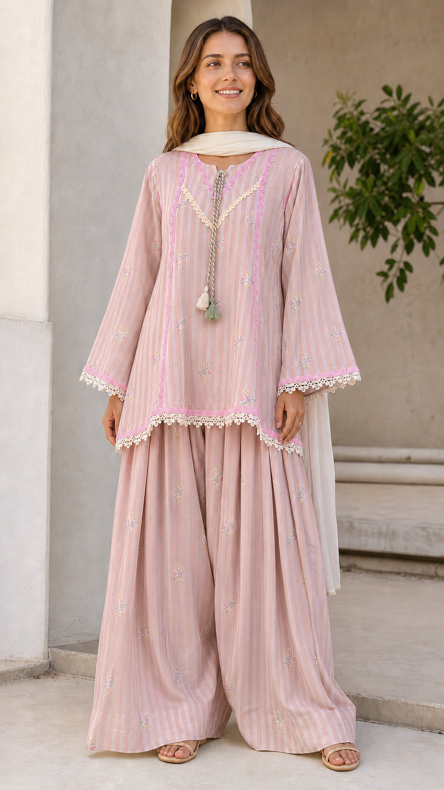 Women's Ethnic Striped Kurti with Sharara and Dupatta Set