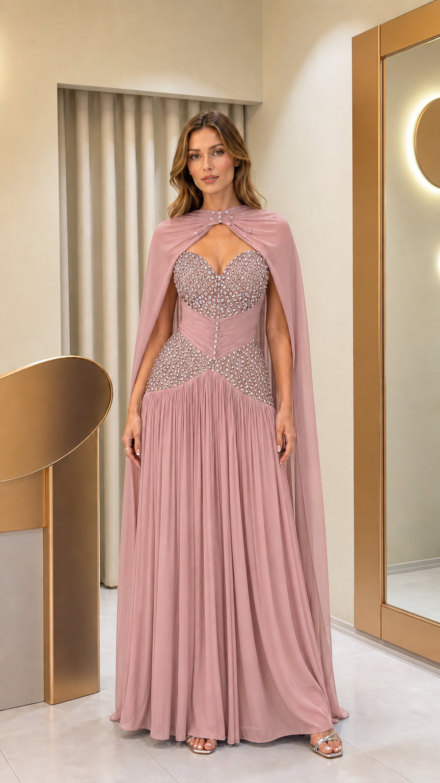 Elegant Embellished Cape Evening Gown with Pleated Skirt