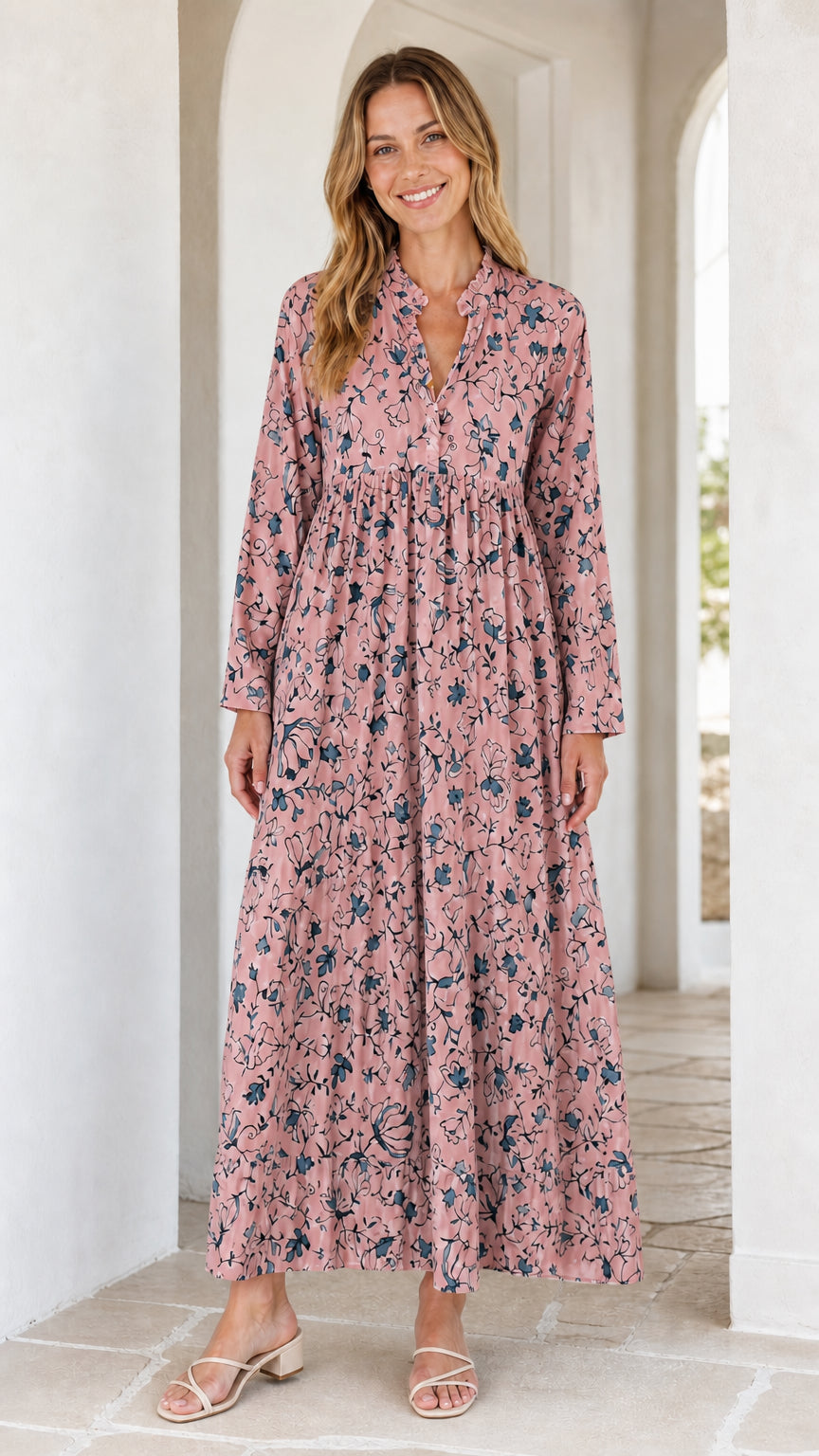 Women's Long Sleeve Floral Print Ruffle Maxi Dress