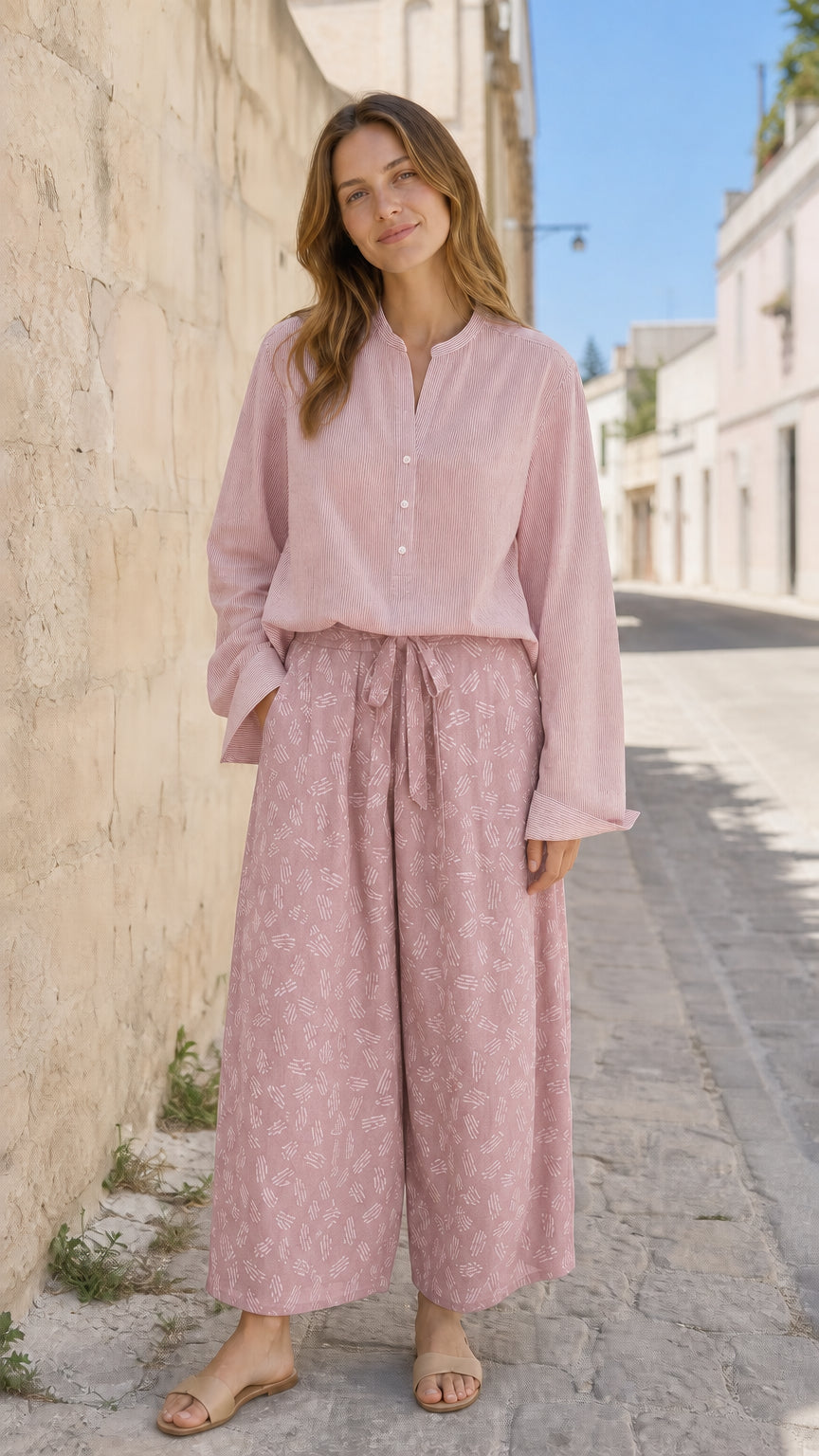 Women's Casual Two-Piece Long Sleeve Blouse and Printed Wide-Leg Pants Set