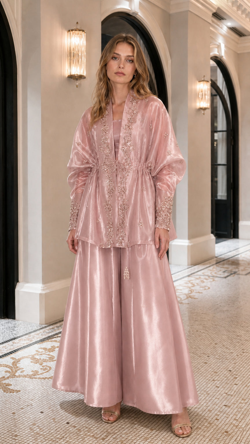 Embroidered Metallic Sheer Overcoat and Wide-Leg Pants Set