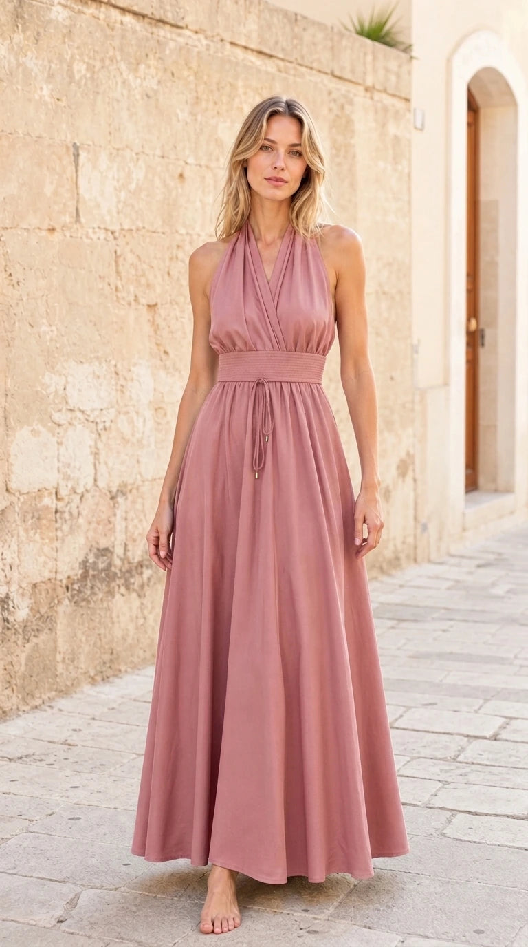 Womens Elegant Halter Neck Backless Maxi Dress with Drawstring Waist