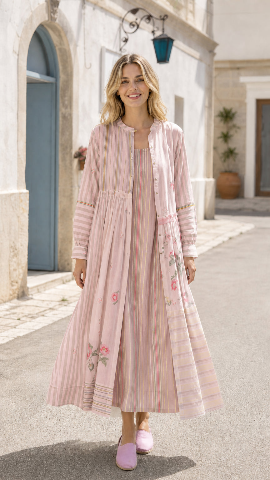 Women's Patchwork Stripe & Floral Long Sleeve Maxi Cardigan Dress Set