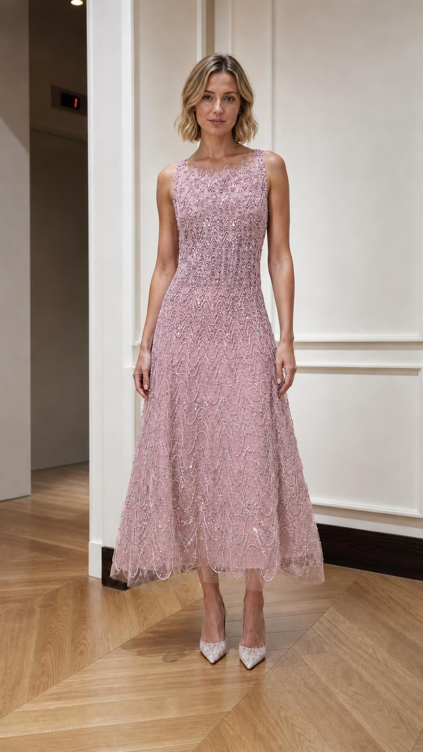 Sequin Beaded Sleeveless A-Line Midi Dress