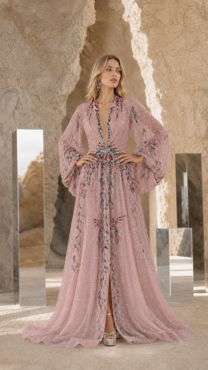 Elegance Embroidered Beaded Long Sleeve Evening Gown