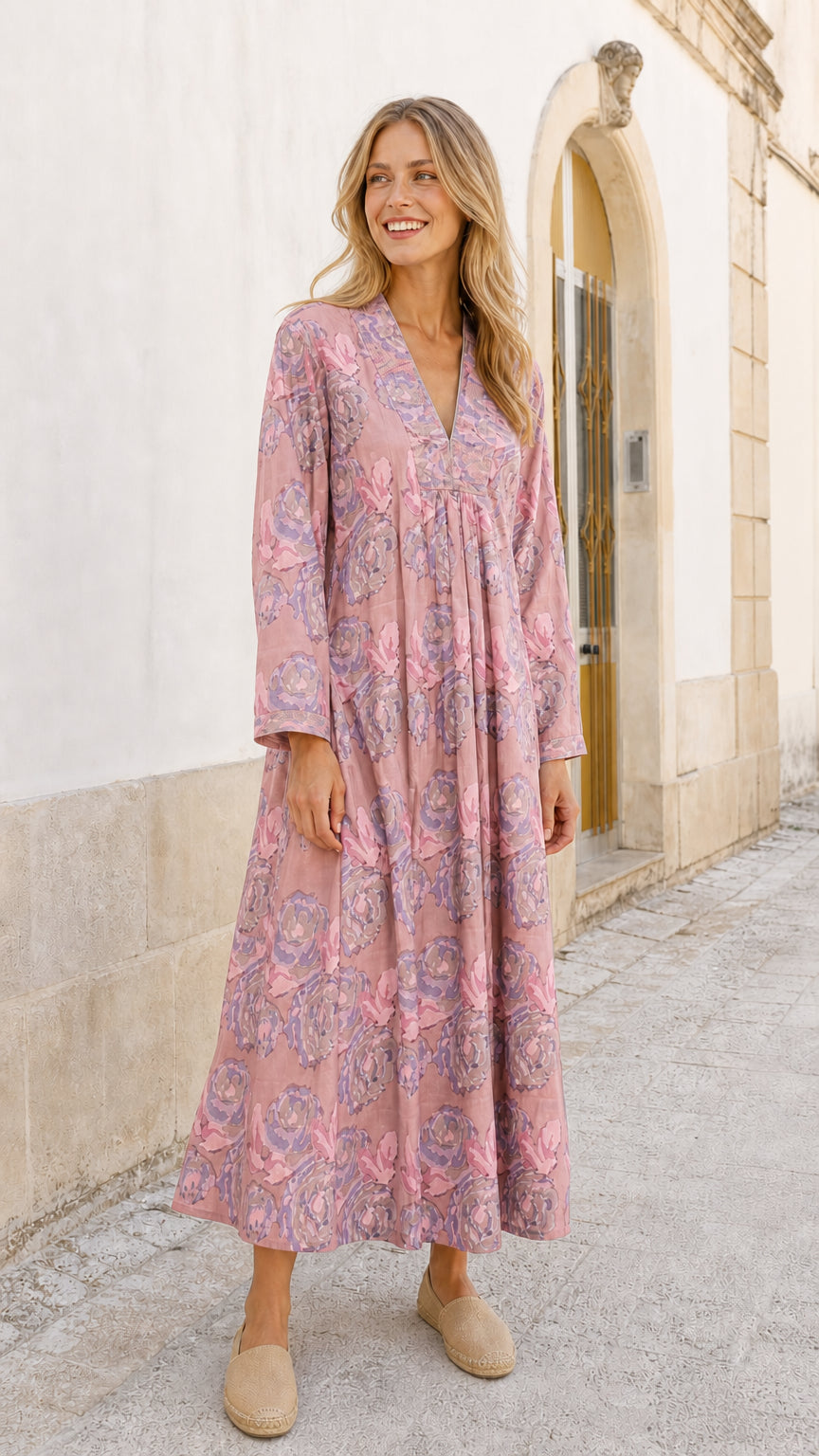 Women's Floral Print V-Neck Long Sleeve Maxi Dress