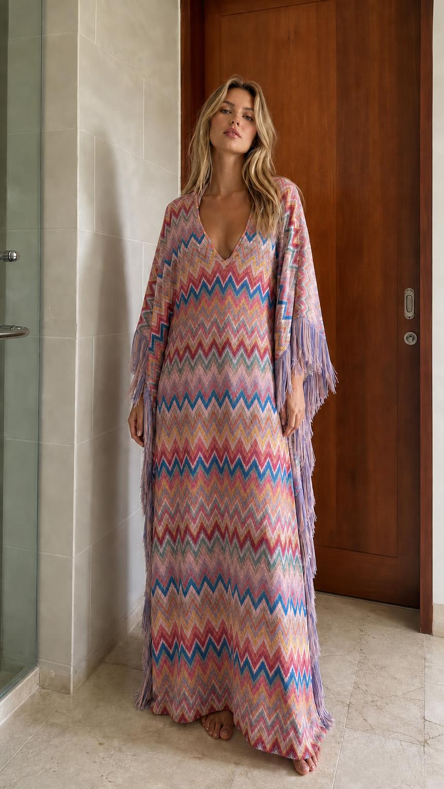 Bohemian Chevron Fringe Maxi Kaftan Dress