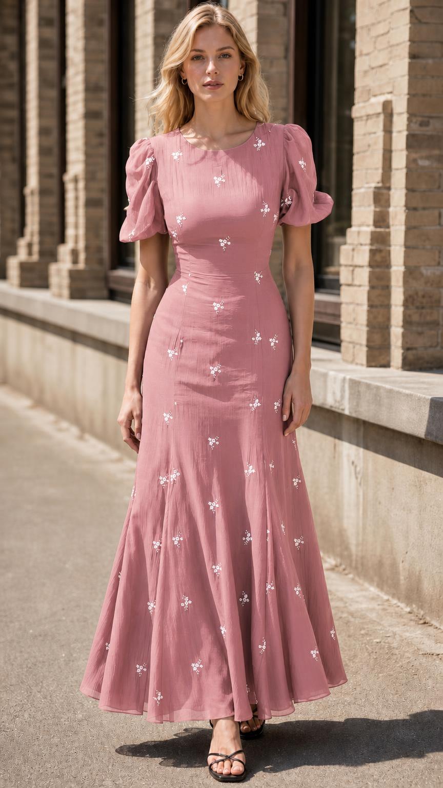 Women's Floral Embroidered Puff Sleeve A-Line Maxi Dress
