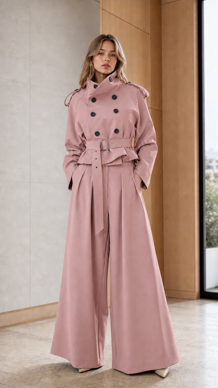 Women's Double-Breasted Trench Jacket and High-Waist Wide-Leg Pants Set