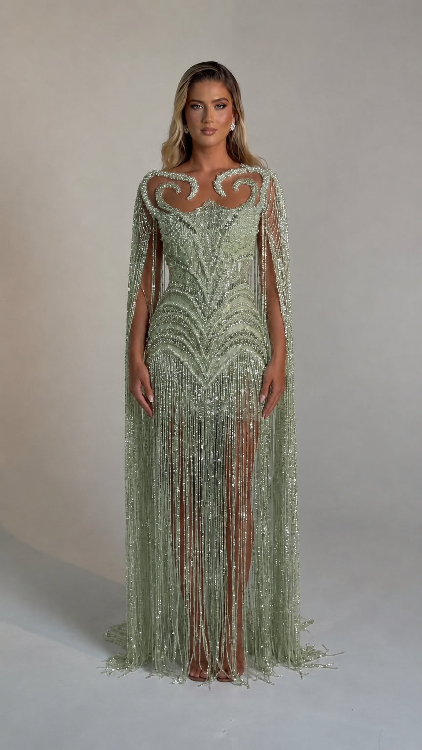 Luminous Beaded Fringe Cape Evening Gown