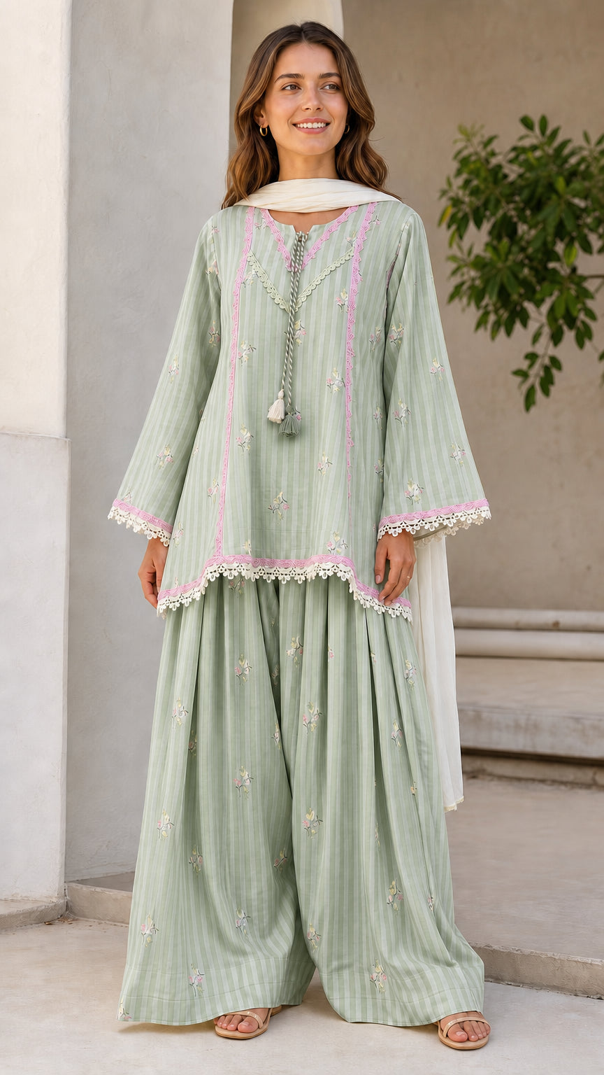 Women's Ethnic Striped Kurti with Sharara and Dupatta Set