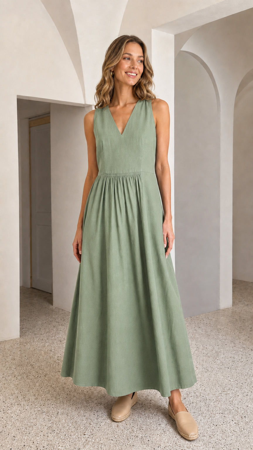 Women's V-Neck Sleeveless Pleated Maxi Dress