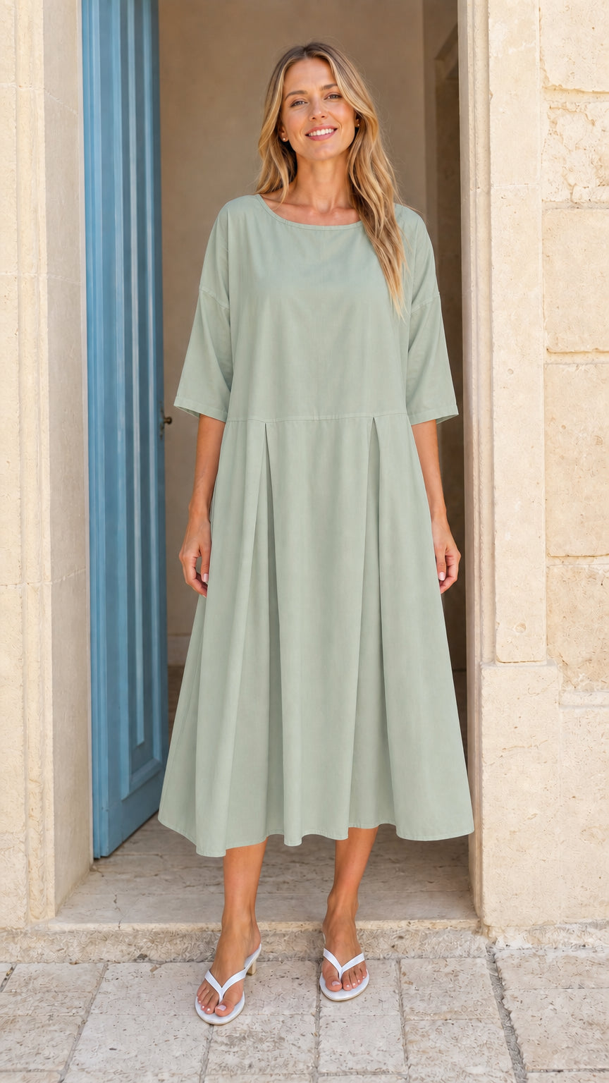 Women's Casual Pleated Midi Dress with Half Sleeves