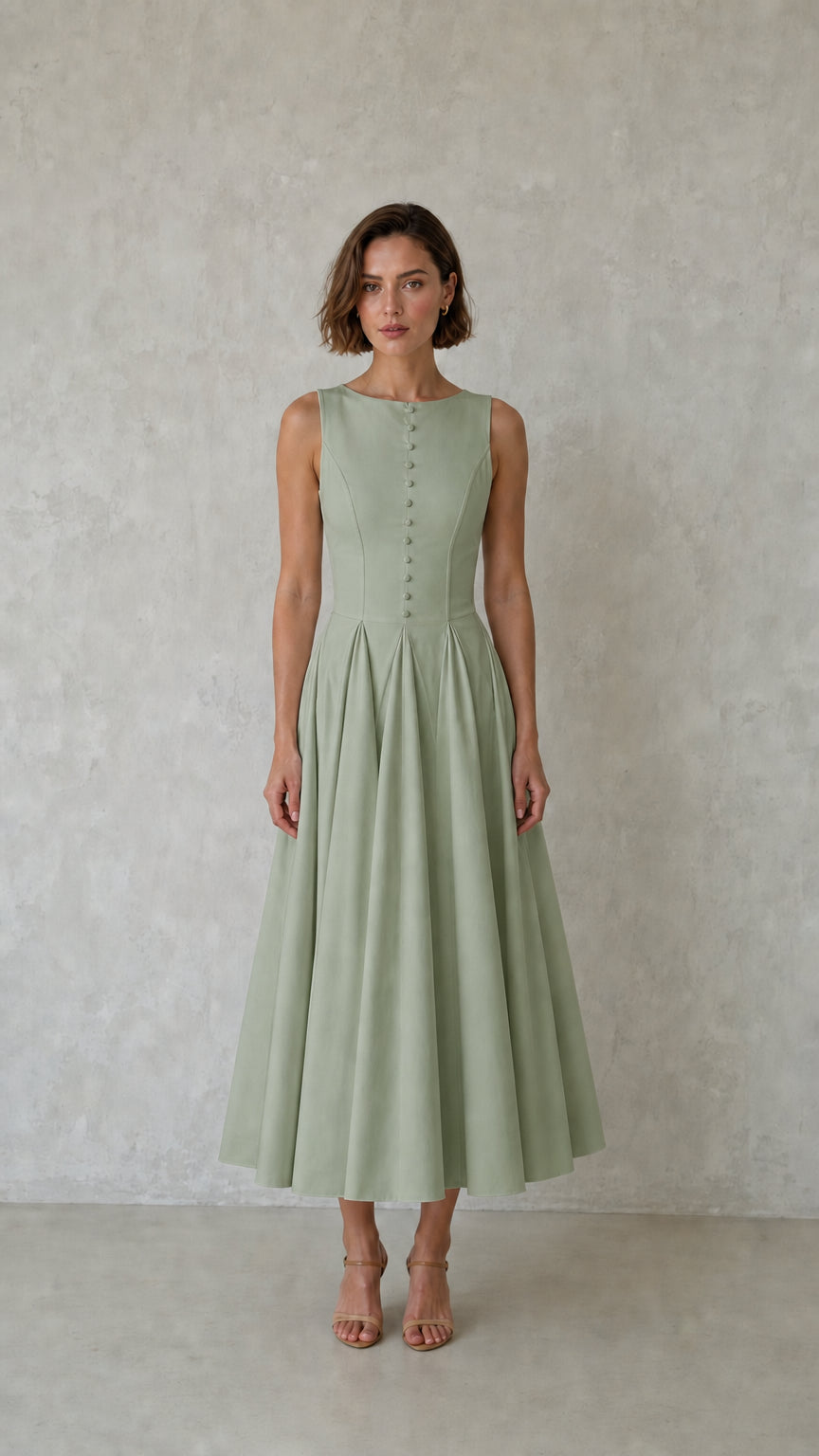 Elegance Sleeveless Pleated Midi Dress with Button Details