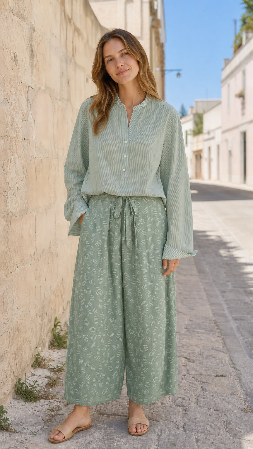 Women's Casual Two-Piece Long Sleeve Blouse and Printed Wide-Leg Pants Set
